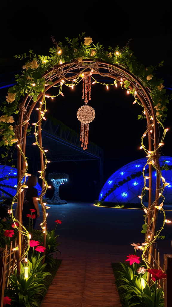 A beautifully decorated garden arch adorned with lights and flowers, creating a magical atmosphere.