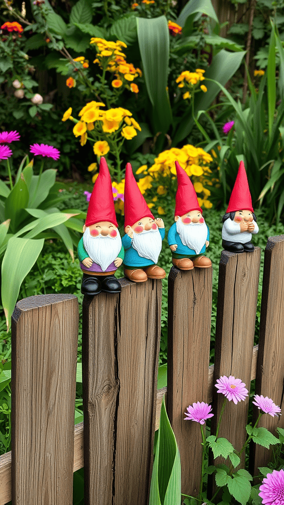 Colorful garden gnomes sitting on a wooden fence surrounded by vibrant flowers.