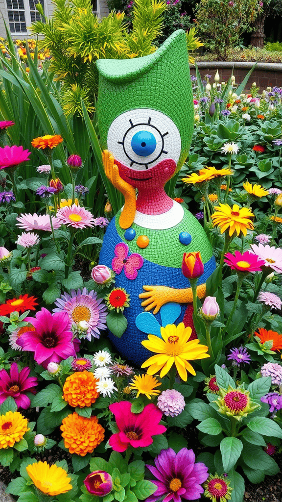 A colorful garden sculpture surrounded by vibrant flowers.