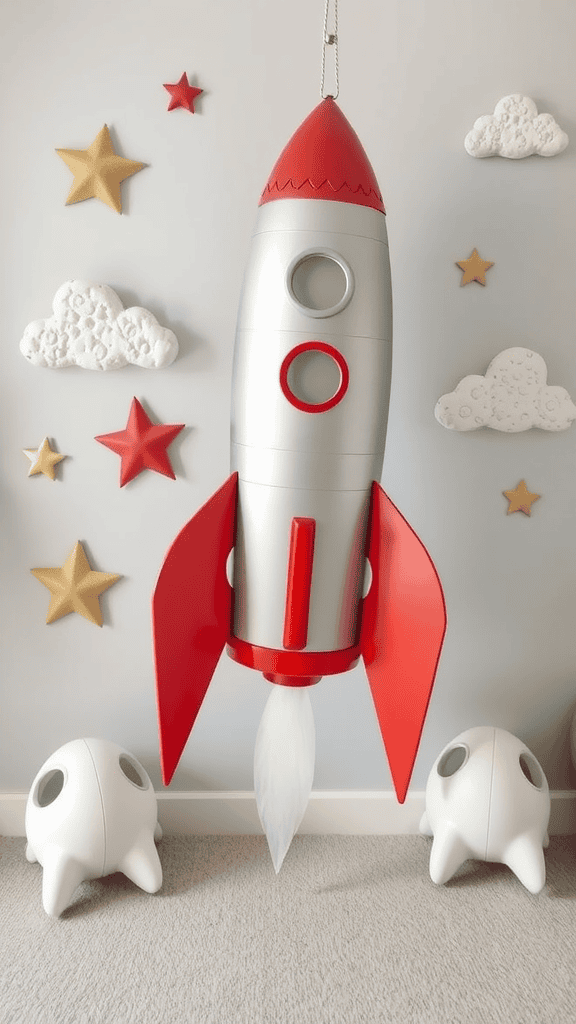 A colorful rocket ship hanging on a wall with clouds and stars in the background.