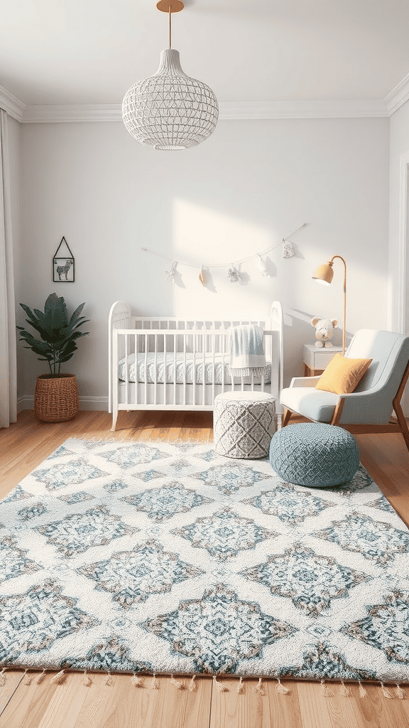 A beautifully designed rug in a bright nursery setting, featuring playful patterns and soft colors.