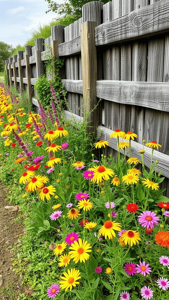 A vibrant wildflower patch with yellow, pink, and red flowers along a wooden fence.