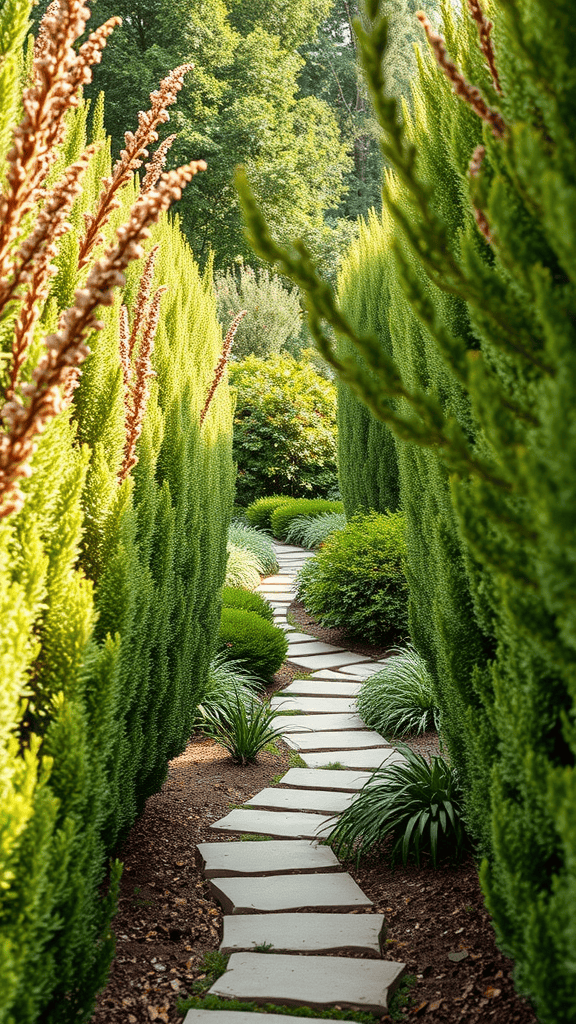 A winding stone pathway lined by tall green shrubs and plants, leading into a serene garden.