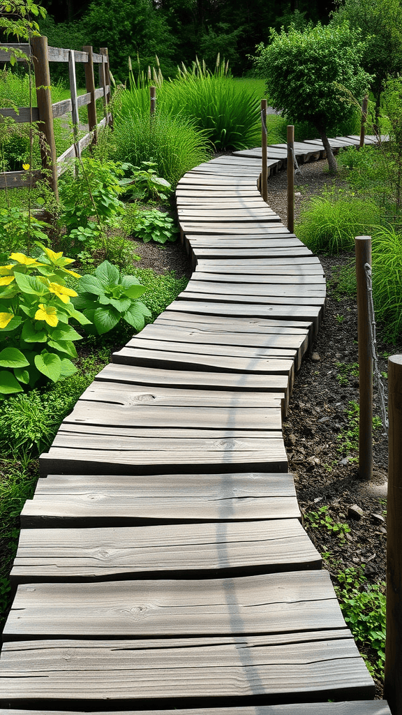 A winding wooden boardwalk through a lush garden