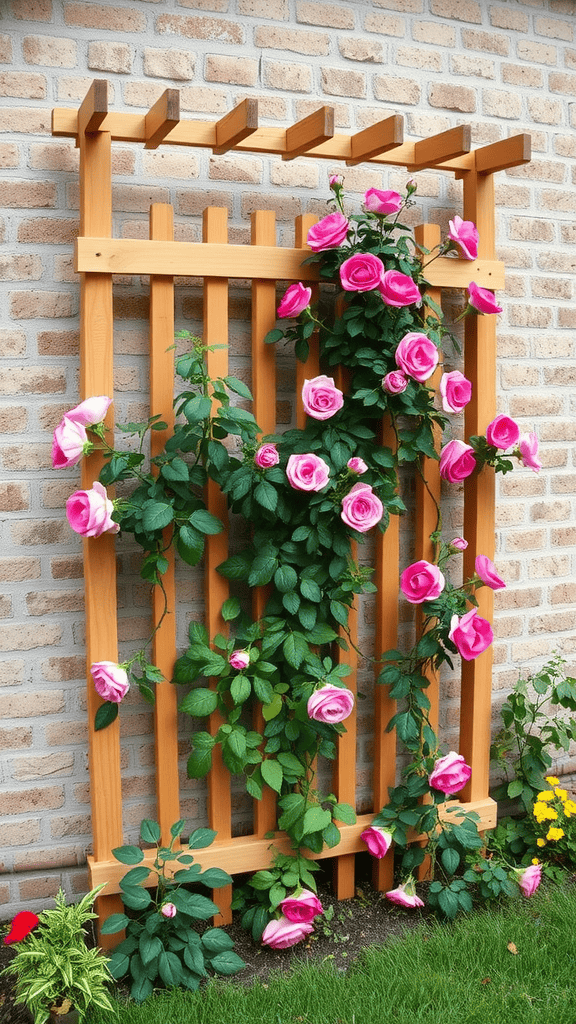 A wooden slatted trellis with pink roses growing on it, set against a brick wall.