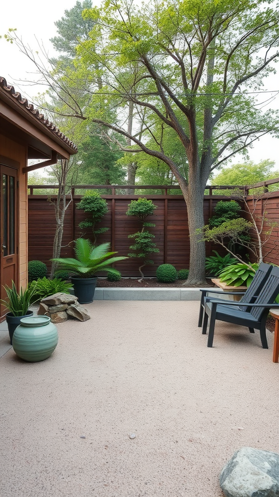 A serene patio with plants, stones, and comfortable seating, ideal for a Zen garden.