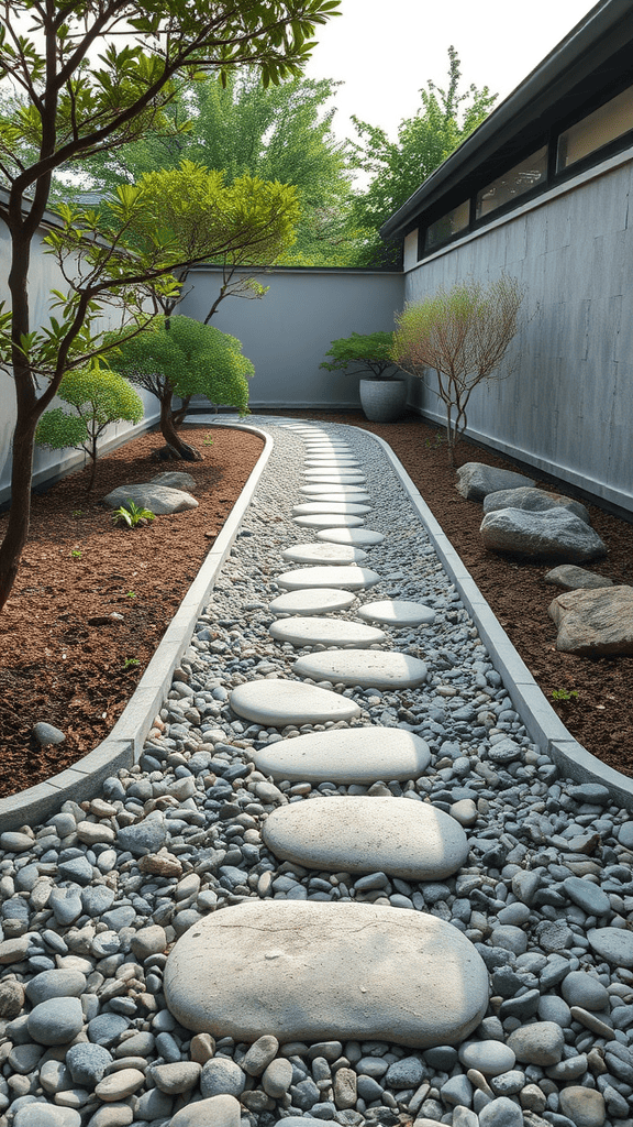 A serene pathway made of smooth stones surrounded by plants in a Zen garden.