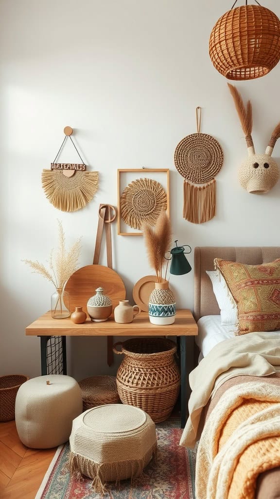 A cozy boho bedroom featuring artisan crafted accessories like woven baskets and pottery.