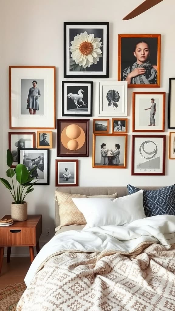 A stylish bedroom featuring a diverse gallery wall with framed artwork and photographs.