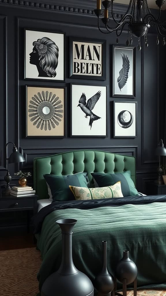 A beautifully styled black and green bedroom featuring artistic wall art and a green tufted headboard.