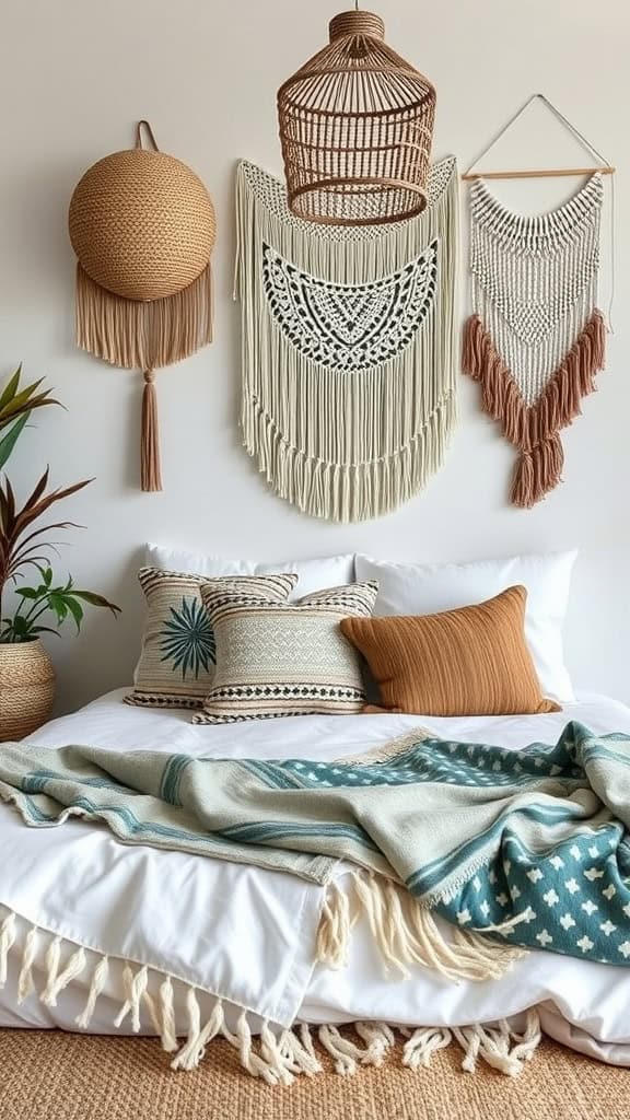 A cozy bohemian bedroom featuring fringe accents on wall hangings and decorative pillows.