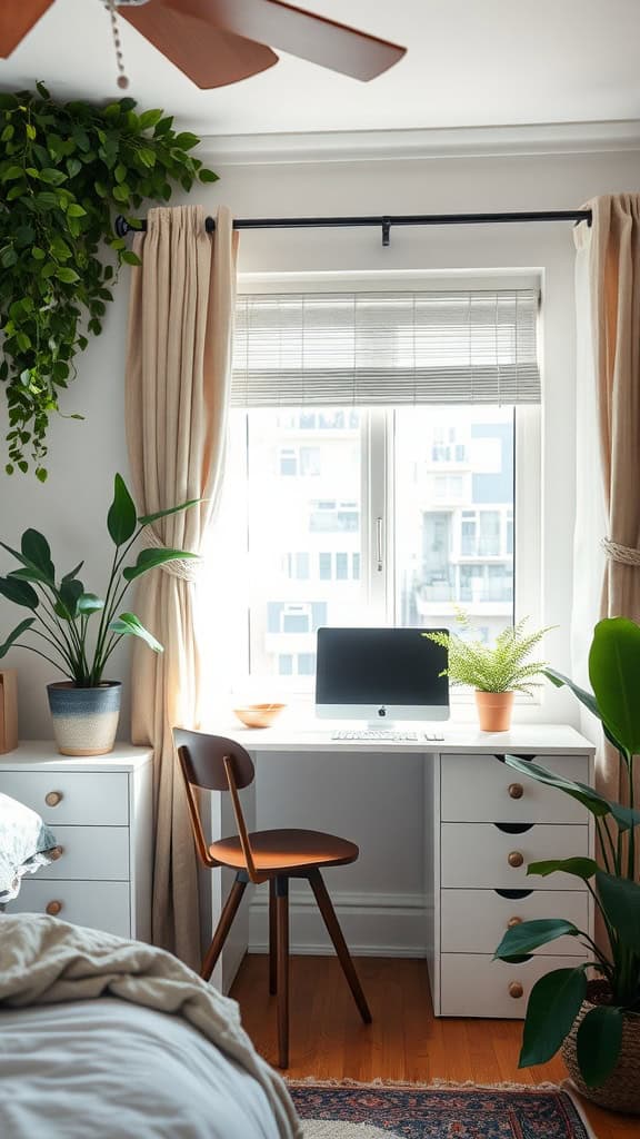 A bright and cozy boho-chic workspace nook featuring plants, a simple desk, and warm lighting.