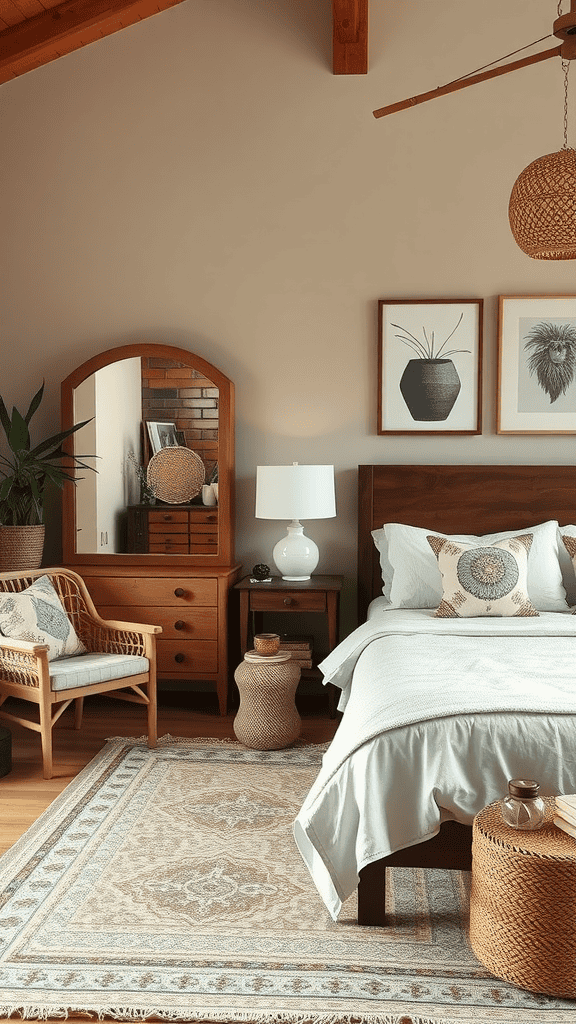 A modern boho bedroom featuring a mix of furniture styles, including a patterned chair and wooden storage.