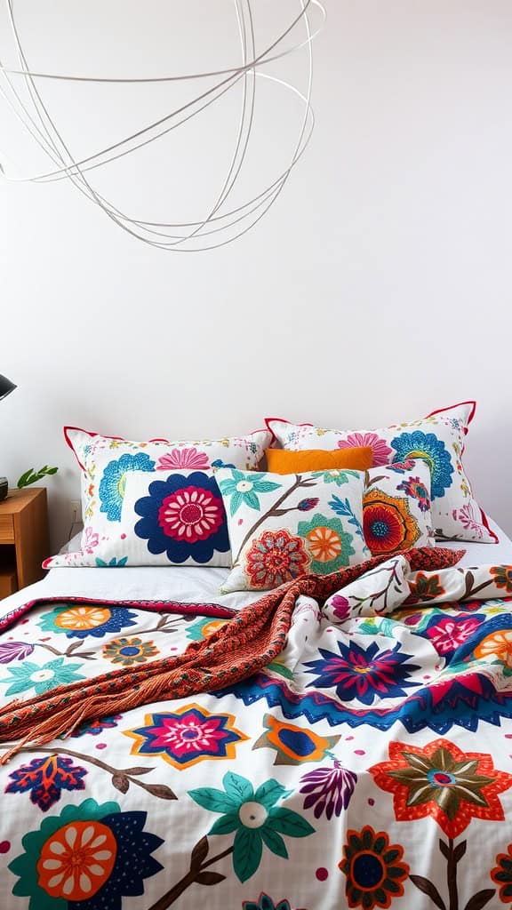 A colorful boho bedding set with floral patterns and bright pillows.