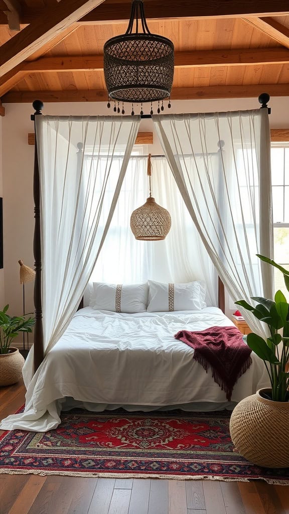 A cozy bedroom featuring a canopy bed with soft drapes, a plush blanket, and decorative plants.