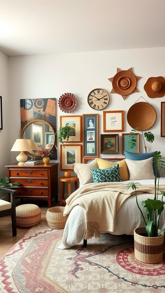 A cozy boho bedroom featuring vintage decor, including framed artwork, a mirror, and earthy textures.