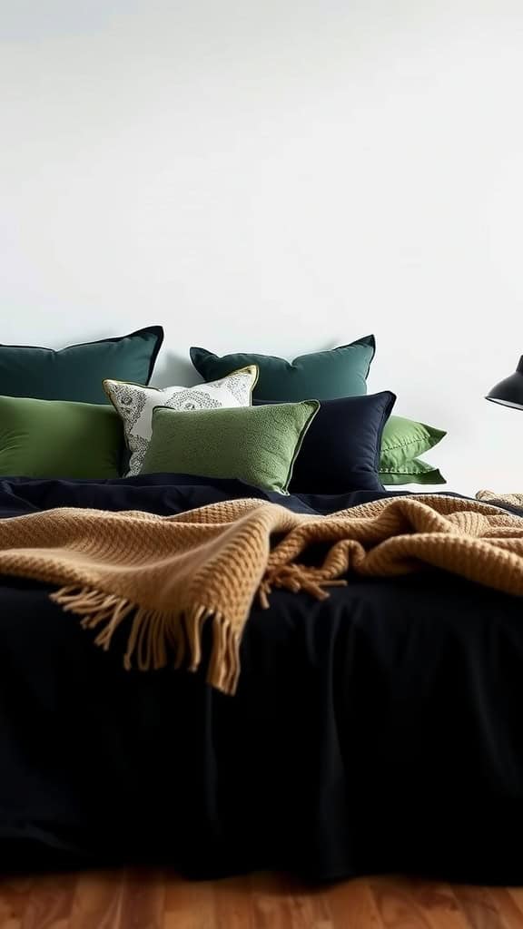 A stylish black and green bedding arrangement with various pillows and a warm throw blanket.