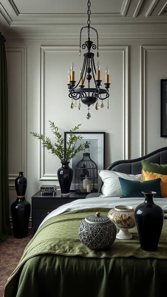 A beautifully arranged black and green bedroom featuring vases, cushions, and a stylish chandelier.