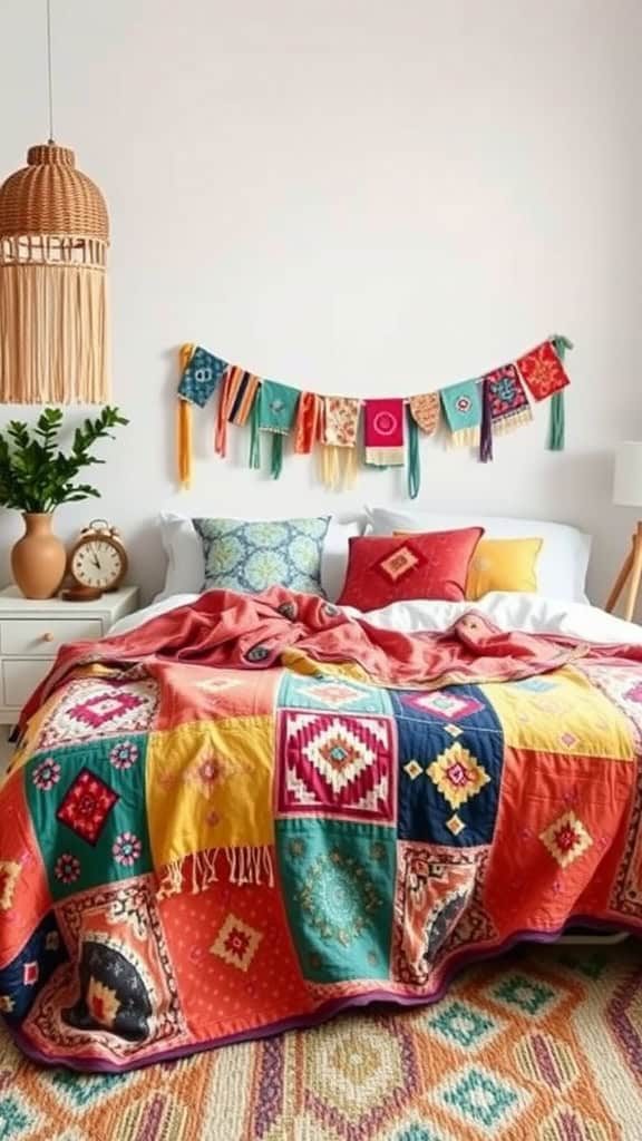 A beautifully layered colorful quilt on a bed with vibrant patterns and pillows.