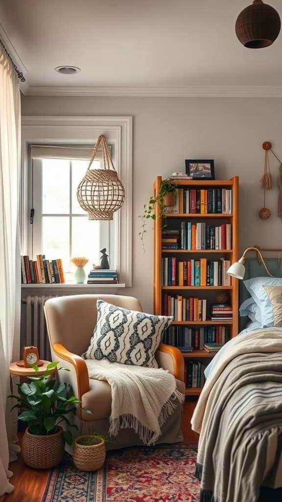 A cozy reading corner in a boho bedroom featuring a comfortable chair, a bookshelf filled with books, and decorative plants.