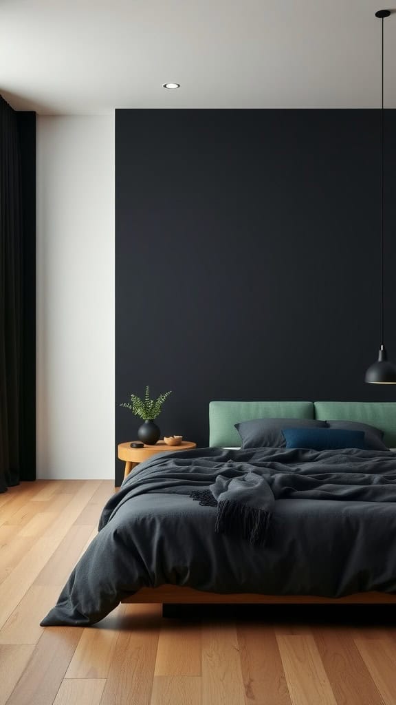 Minimalist black and green bedroom with a cozy bed and wooden accents.