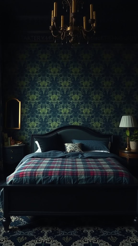 A stylish black and green bedroom featuring patterned wallpaper and elegant furnishings.