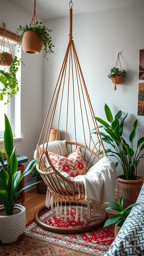 A cozy hanging chair with cushions positioned near plants and a bright window.