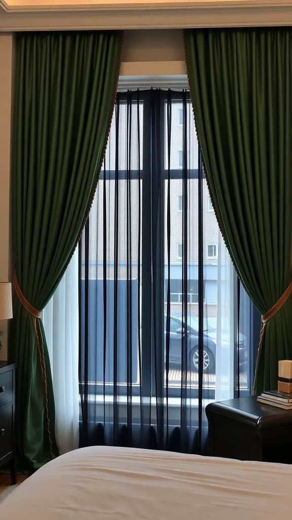 Elegant window treatments in a bedroom featuring green and black curtains.