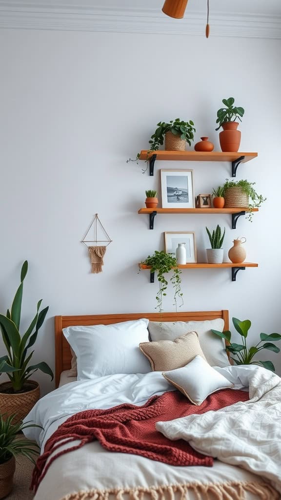 A modern boho bedroom featuring floating shelves with plants and decor.