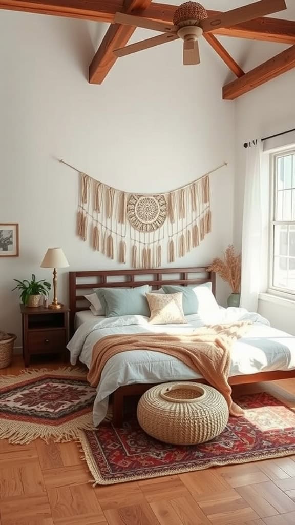 A modern boho bedroom with warm tones, natural textures, and a harmonious layout.