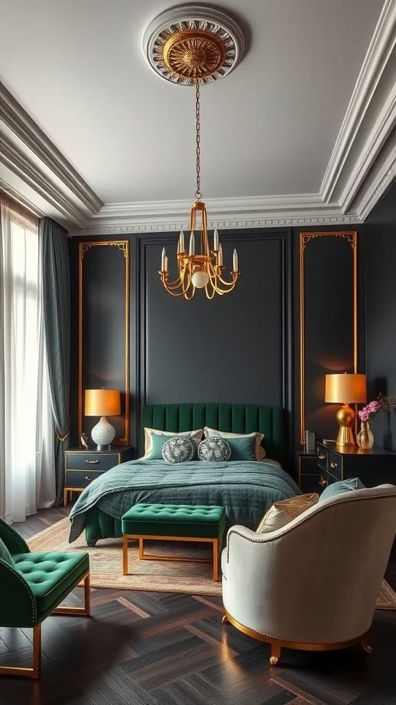 A luxurious black and green bedroom featuring gold accents, including a chandelier and lamps.