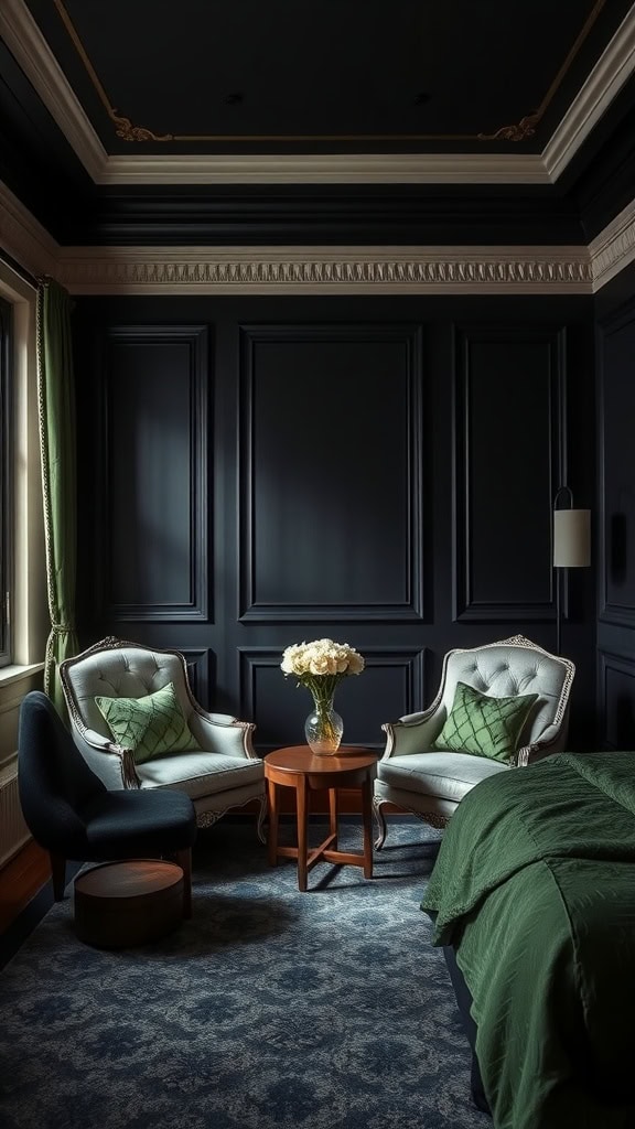 Cozy black and green bedroom with inviting seating area featuring plush armchairs and a side table.