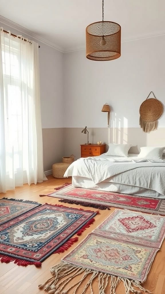 A modern boho bedroom with layered rugs, featuring multiple decorative rugs on a wooden floor beneath a bed.