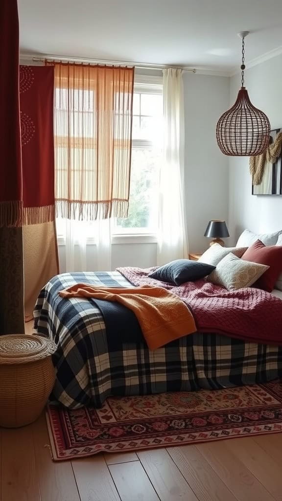 A cozy boho bedroom with layered textures including a plaid bedspread, colorful pillows, and a decorative rug.