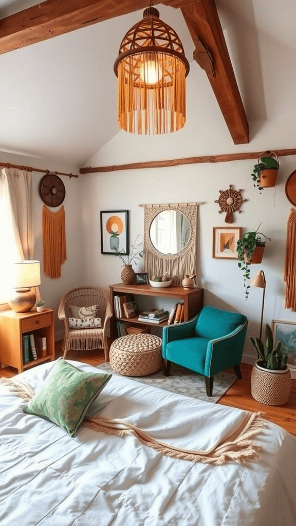 A modern boho bedroom featuring a mix of furniture and decor at different heights.