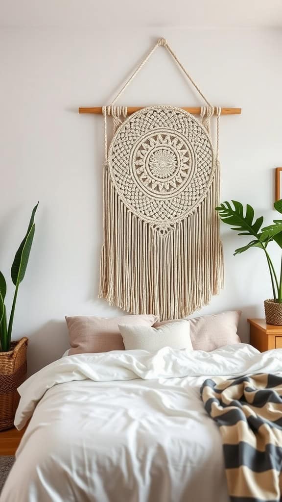 A beautiful macrame wall hanging above a neatly made bed with decorative pillows.