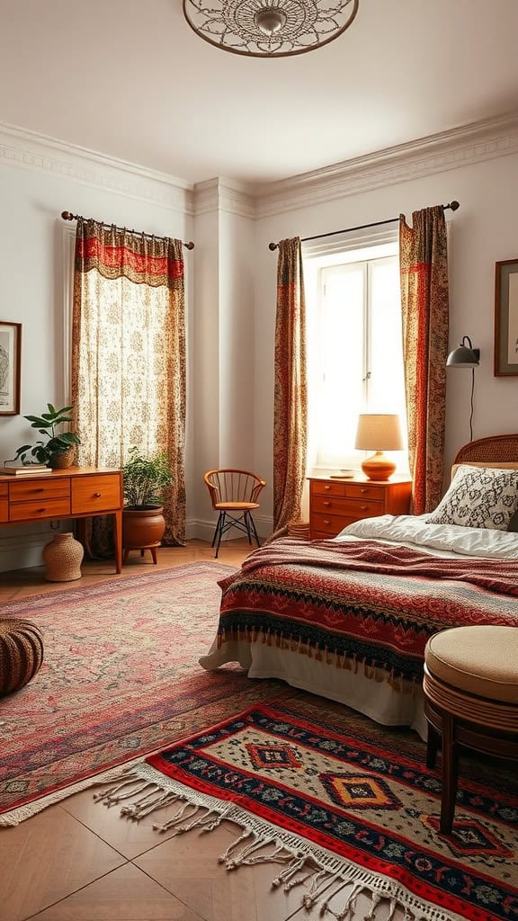 A cozy boho bedroom with patterned curtains, rugs, and bedspread showcasing rich colors.