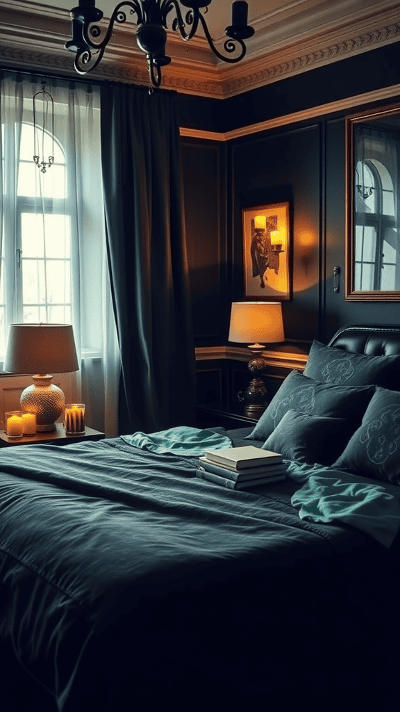 Cozy black and green bedroom with warm lighting and candles.