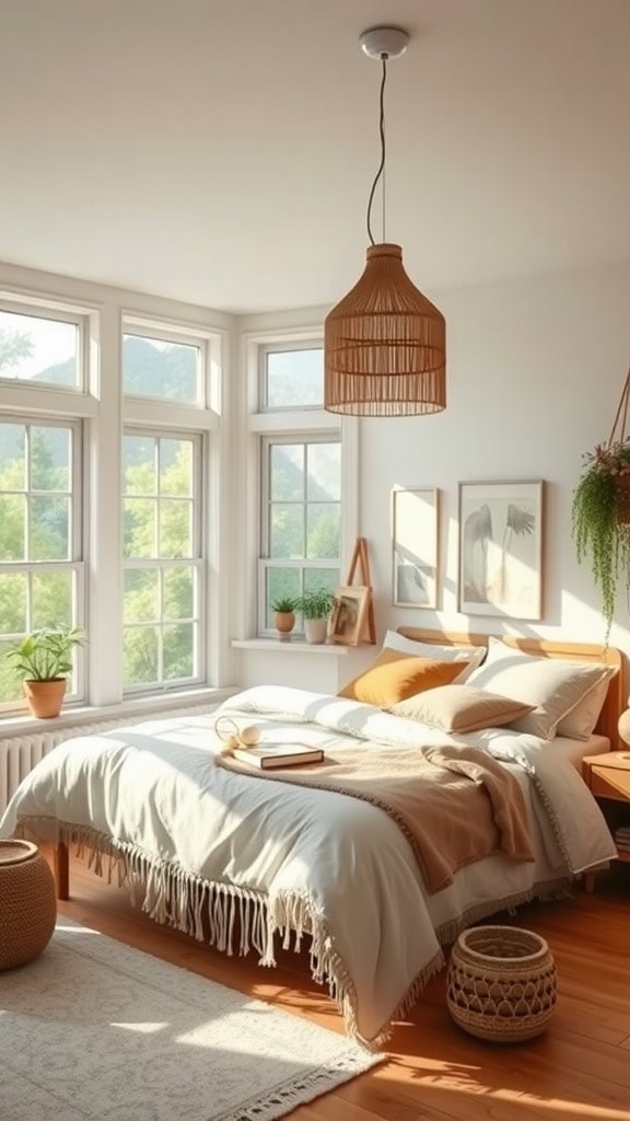 A cozy boho bedroom with large windows allowing natural light, featuring a light bed with blankets, wooden furniture, and potted plants.