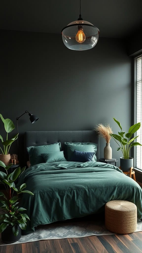 Elegant black and green bedroom with plants and natural decor elements.