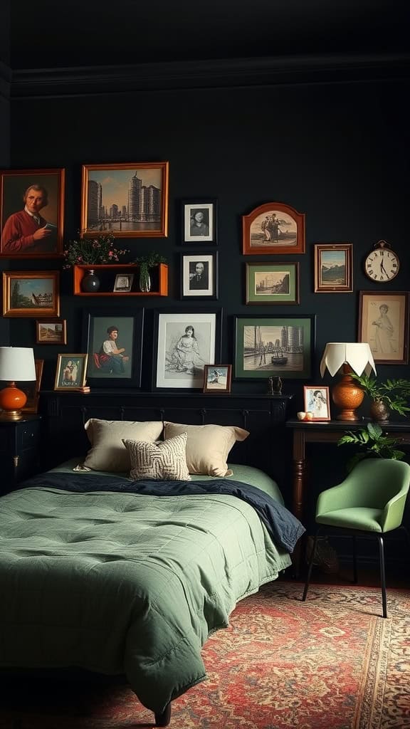 A stylish bedroom featuring a mix of green bedding, family heirlooms in frames on dark walls, and tasteful decor.