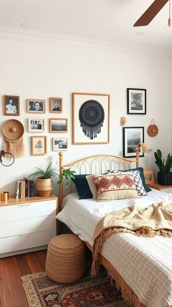 A stylish boho bedroom featuring a gallery wall of framed photos, decorative wall hangings, and a cozy bed with colorful pillows.