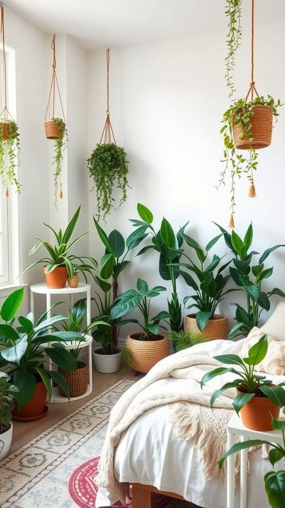 A cozy boho bedroom filled with various indoor plants, including hanging planters and potted plants near the bed.