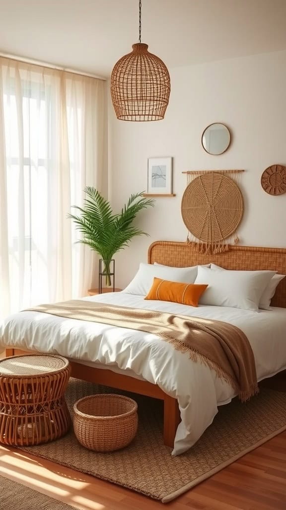 A cozy modern boho bedroom featuring rattan and wicker elements, including a rattan headboard, woven baskets, and a wicker pendant lamp.