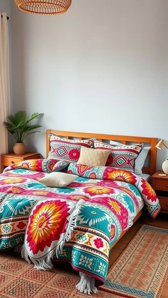 A vibrant bed featuring a colorful duvet with floral patterns, complemented by matching pillows and a decorative plant.