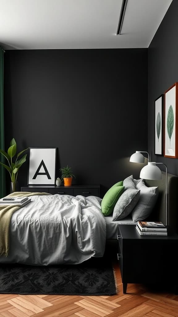 A stylish black and green bedroom featuring sleek furniture and modern decor.