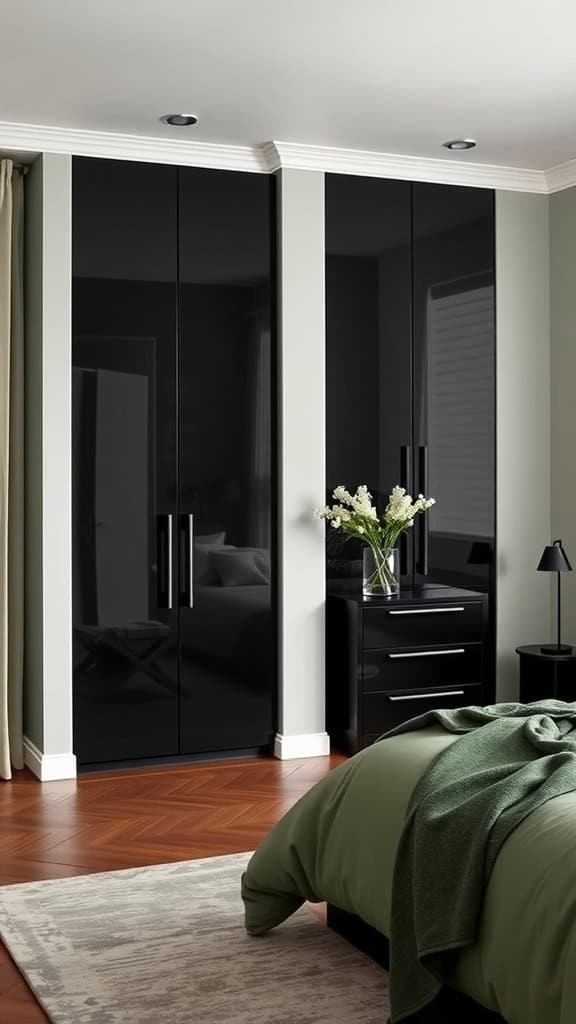 A modern bedroom featuring sleek black storage cabinets and a green bedspread.