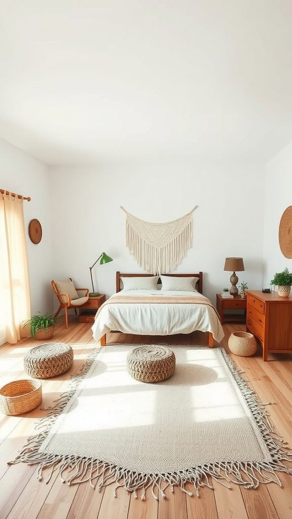 A minimalist boho bedroom featuring light neutral colors, natural textures, and simple furniture.