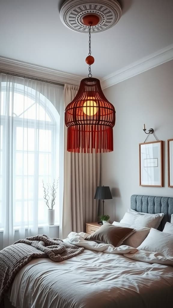 Modern boho bedroom with a woven pendant light and cozy decor