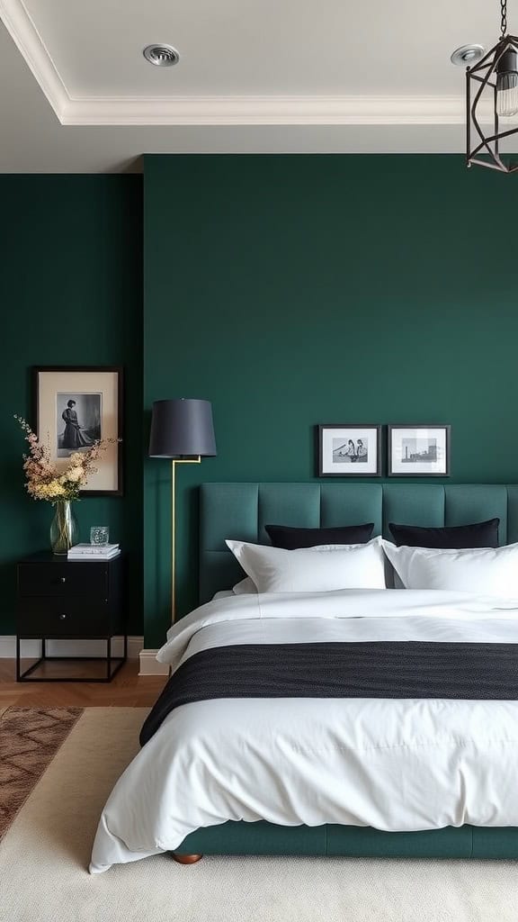 Elegant bedroom with deep green statement wall, black nightstand, and decorative elements.